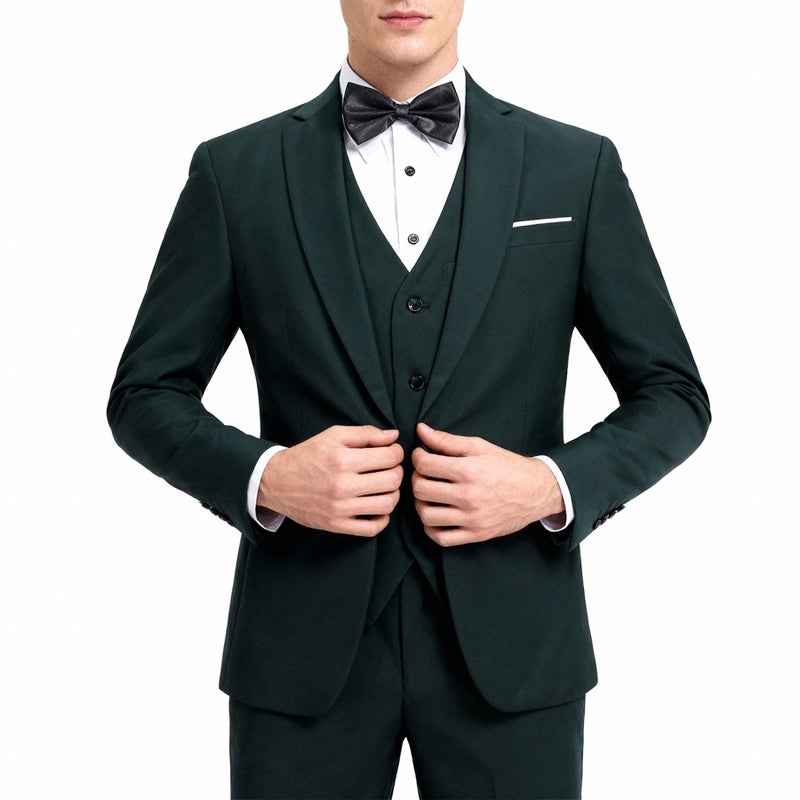 YFFUSHI Men's 3 Piece Suit Sets Slim Fit One Button Blazer with Vest & Pants, Professional Business Wedding Suits Dark Green - Image 1